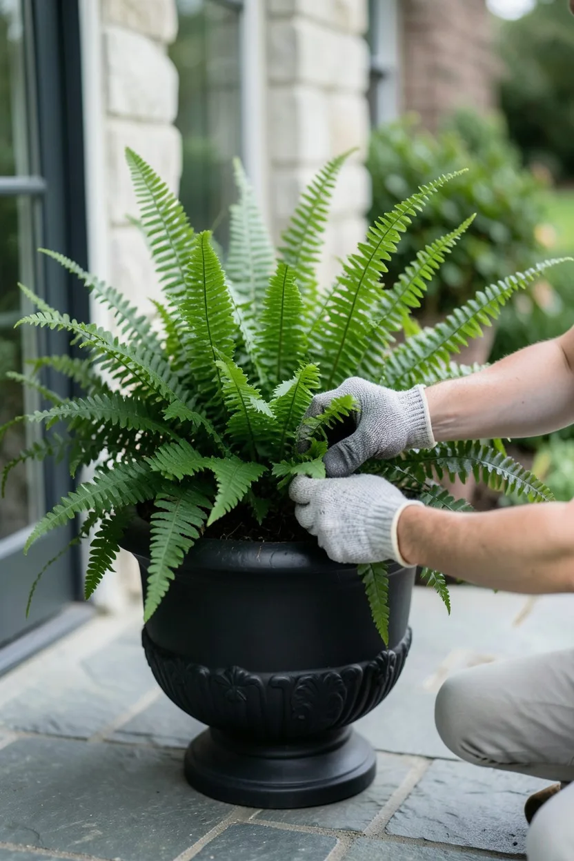 Lifestyle shot with hands. A gardener's gloved hands gently adjusting the rich green, upright fronds of a dense Kim Queen fer