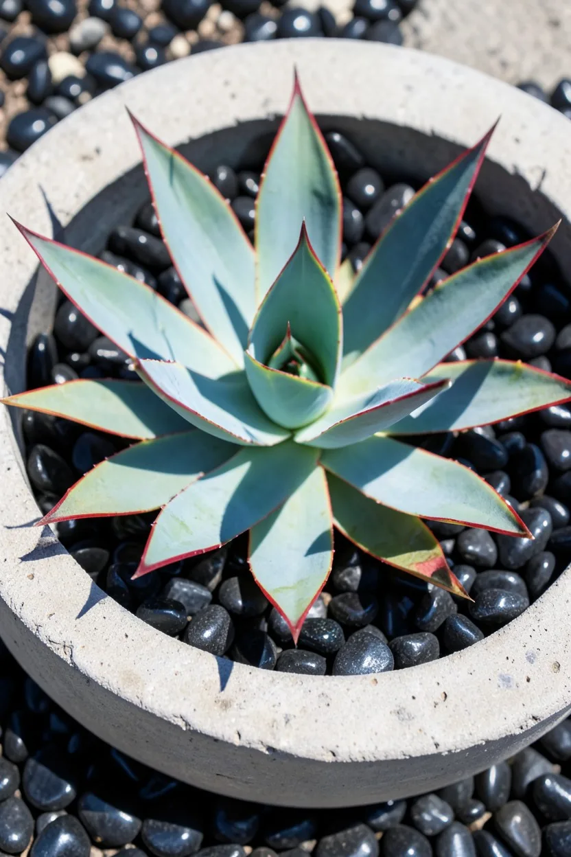 Close-up macro shot looking down onto a Blue Glow Agave inside a low concrete bowl. The sharp blue-green succulent leaves hav