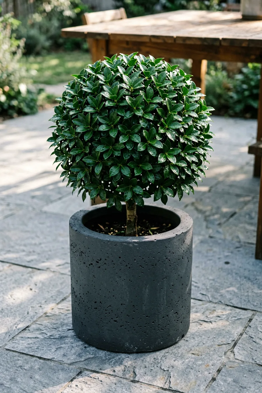 Environmental medium shot. A topiary sweet bay leaf tree with dense, glossy dark green foliage growing in a large, minimalist