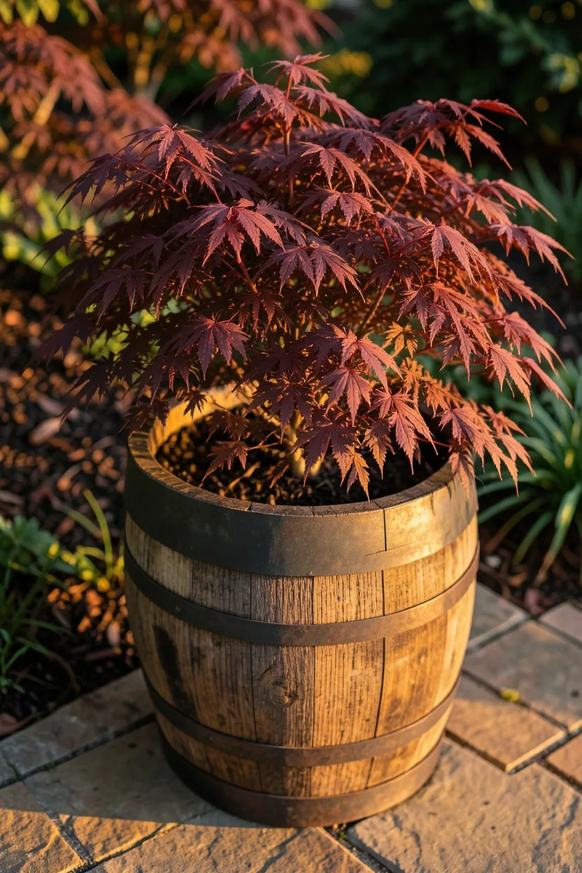 Environmental medium shot. A dwarf 'Burgundy Lace' Japanese maple with intricate, deep wine-red palmate leaves growing in a r