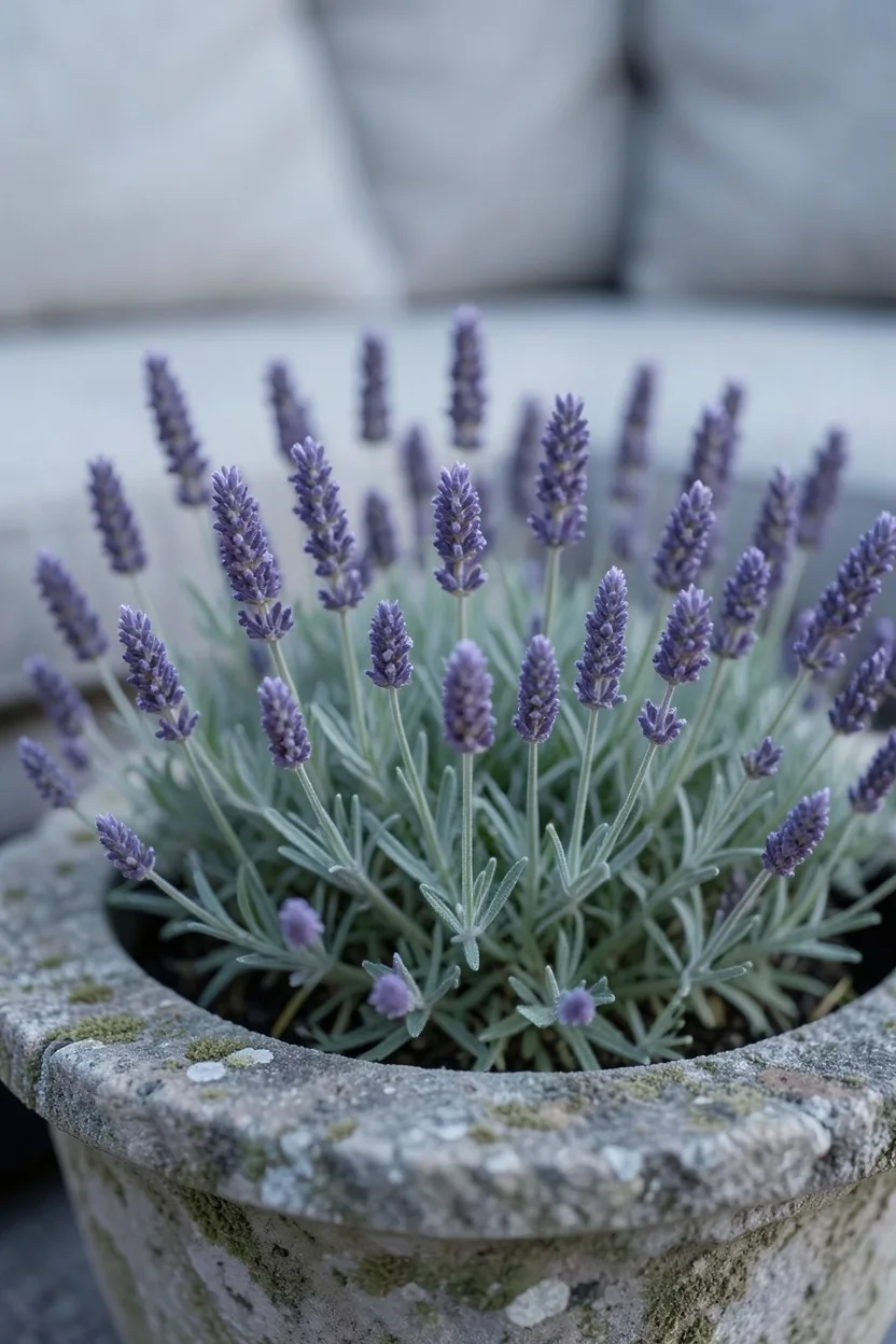 Close-up macro shot. Spikes of 'Munstead' English lavender with rich purple buds and silvery-green stems tightly packed insid
