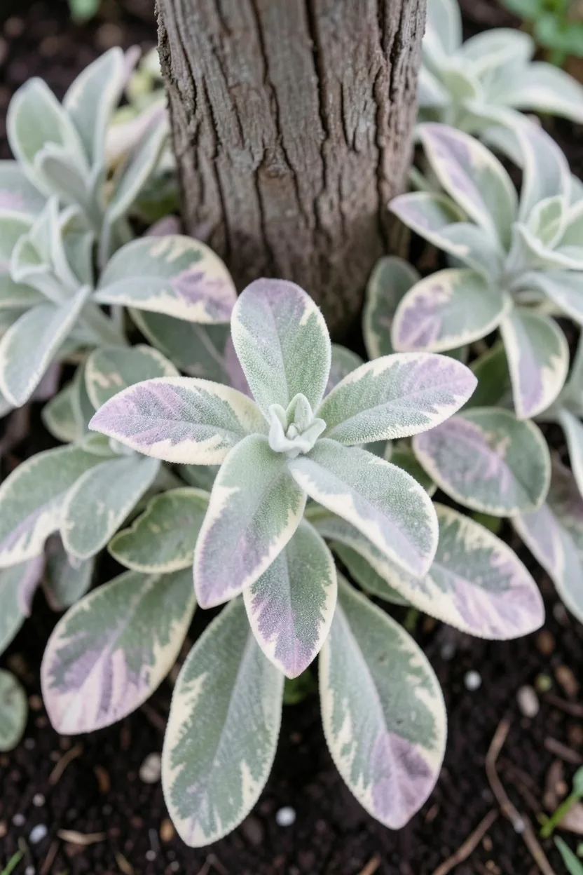 Close-up macro shot from overhead. Variegated leaves of Tri-color sage featuring irregular patterns of dusty green, cream whi