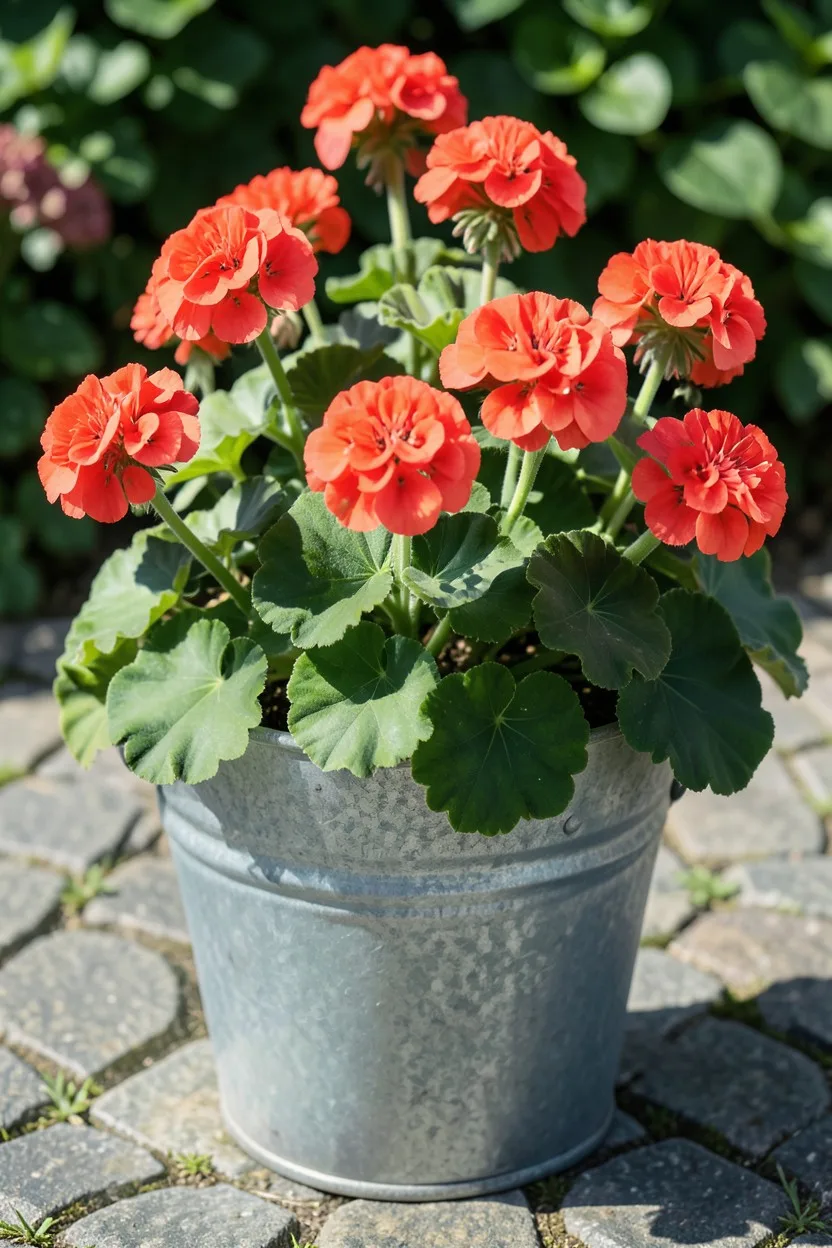 Environmental medium shot. Bright coral-red zonal geranium flowers with large rounded green leaves blooming abundantly inside