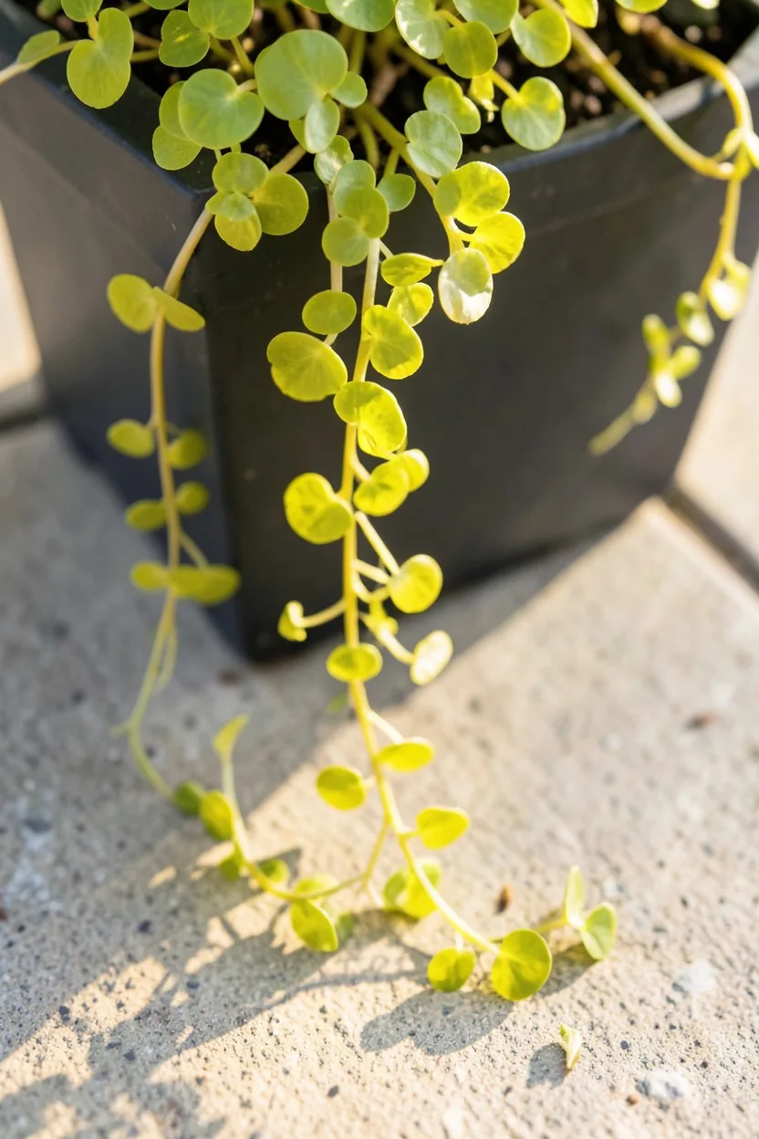 Close-up macro shot looking down. Ropes of golden creeping Jenny trailing over the edge of a dark planter box, its small, rou