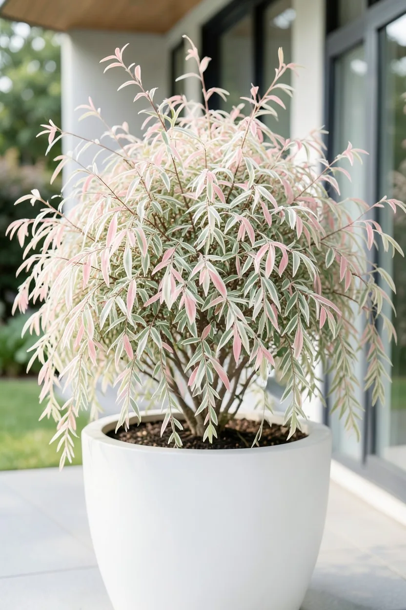 Environmental medium shot. A 'Hakuro-Nishiki' dappled willow shrub with fine, weeping branches covered in variegated white, p