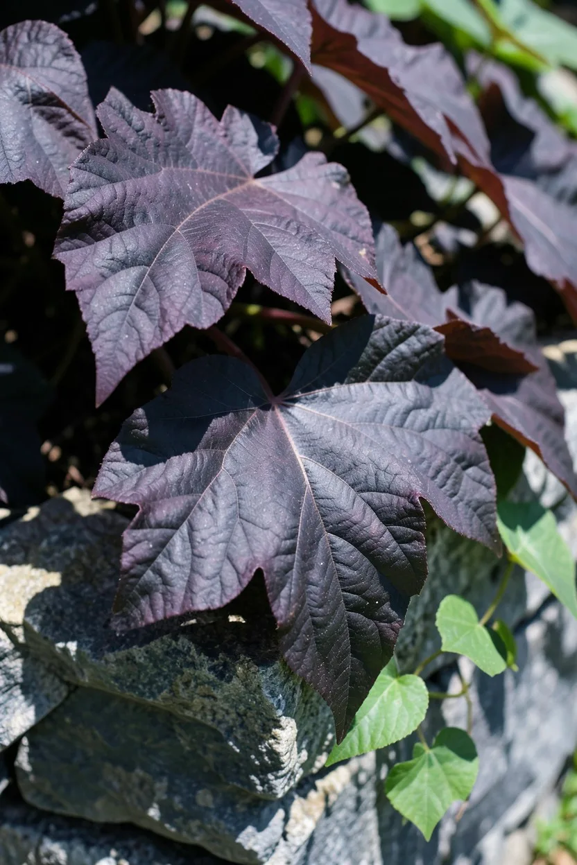 Close-up macro shot. Deeply lobed purple-black leaves of a 'Blackie' sweet potato vine draping over a rustic stone ledge. Sma