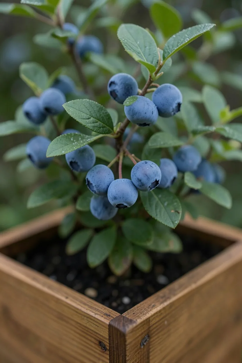 Close-up shot of a branch. Clusters of powdery-blue ripe blueberries hanging from a branch among small green leaves on a comp