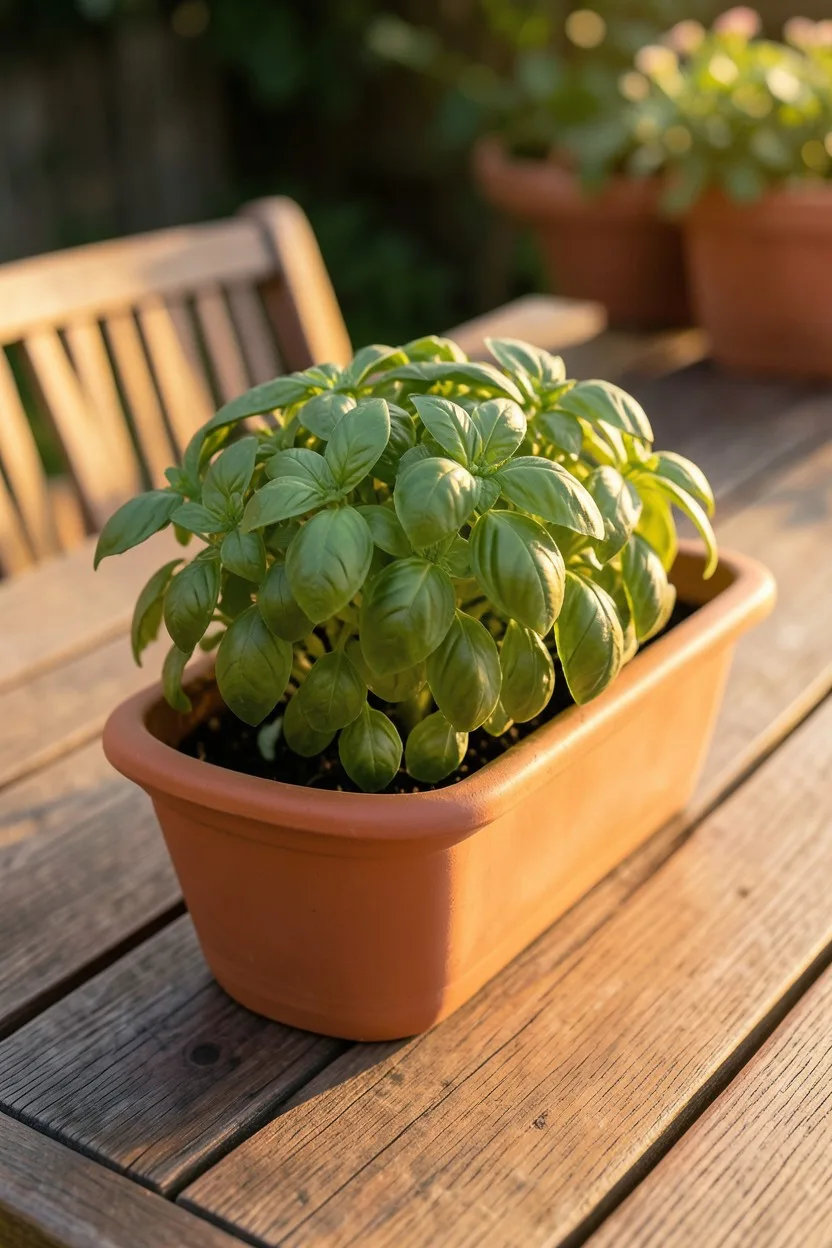 Environmental medium shot looking down at a table setting. A tight, perfectly spherical ball of 'Spicy Globe' basil growing i