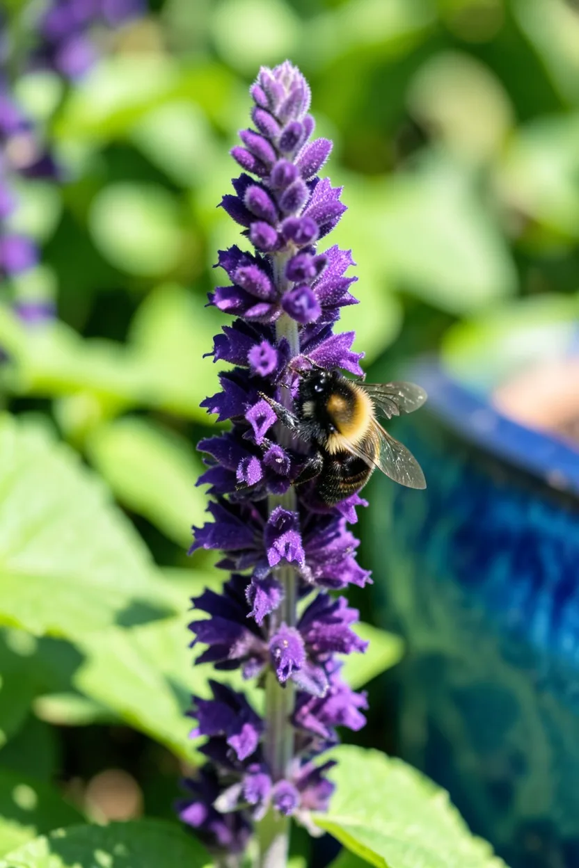 Close-up macro shot. A vibrant bumblebee clinging to a tall spike of deep indigo-violet velvet salvia blossoms. The backgroun