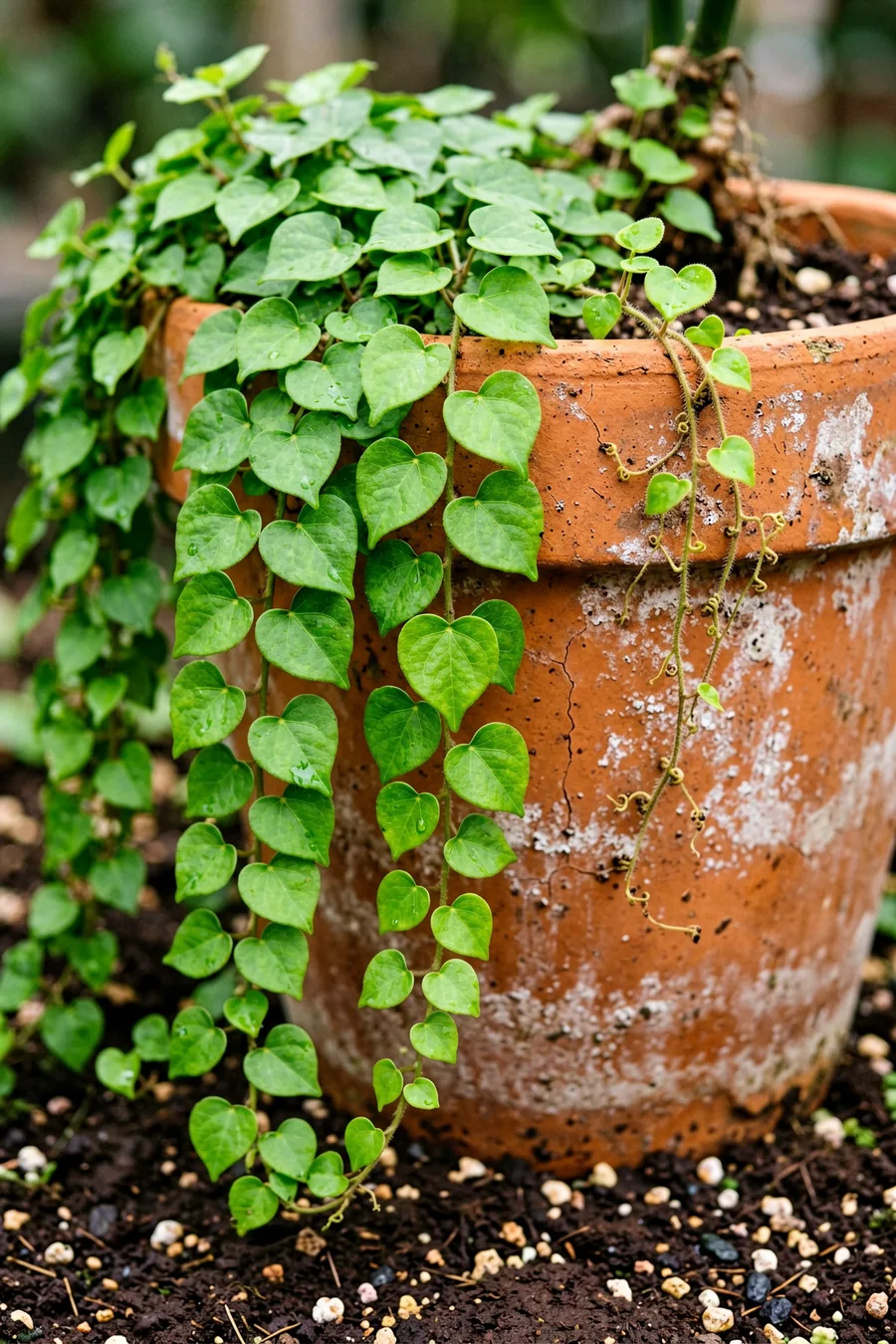 Close-up macro shot. Creeping fig vines with tiny, vibrant green heart-shaped leaves cascading thickly over the edge of a wea