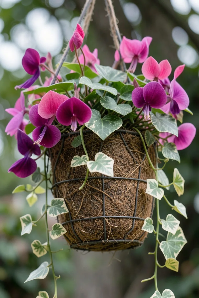 Close-up shot looking slightly up. A hanging coco-coir lined wire basket filled with trailing fuchsia flowers with deep pink 