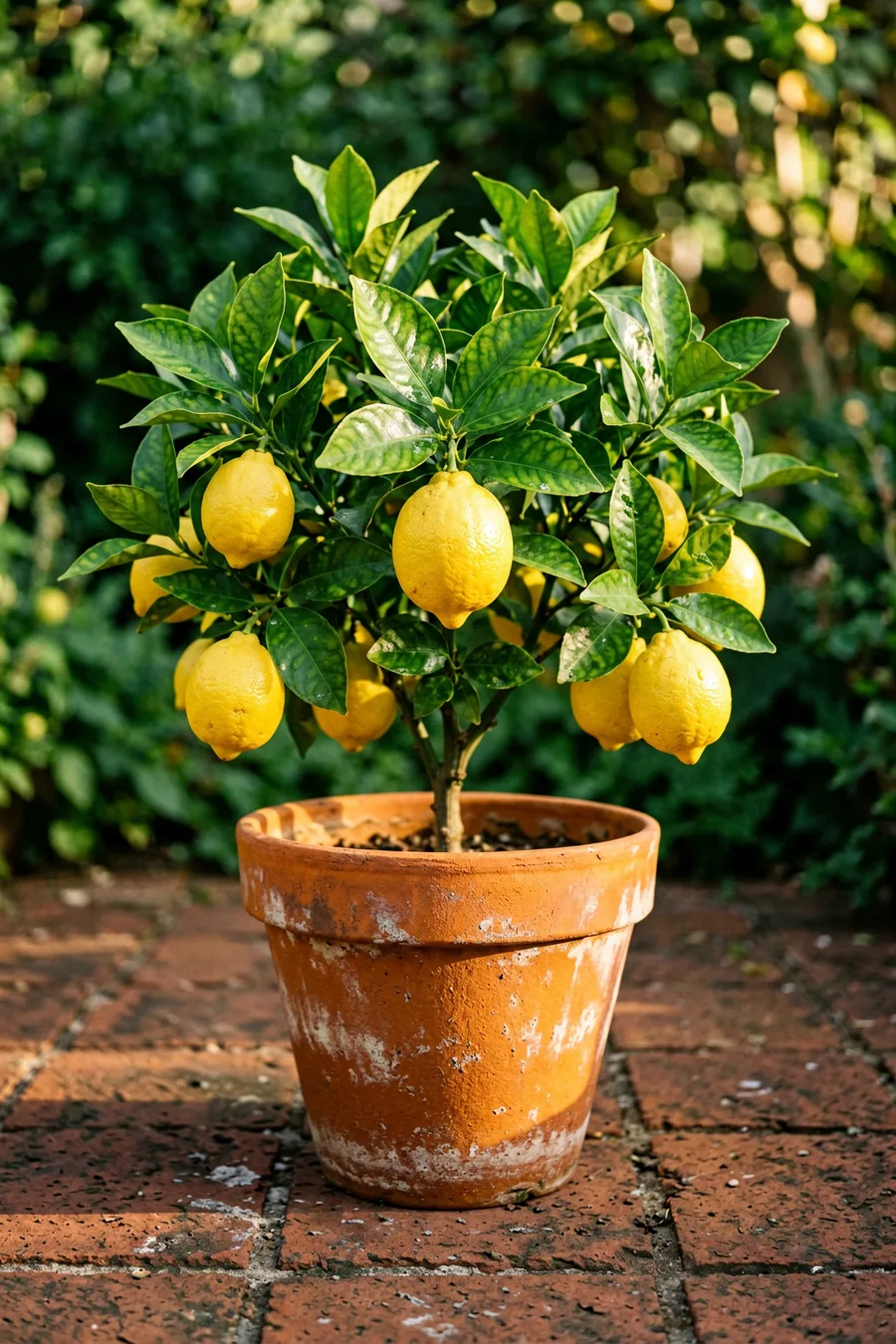 Environmental medium shot, 45-degree angle. A dwarf Meyer lemon tree laden with bright yellow, ripe lemons and glossy green l