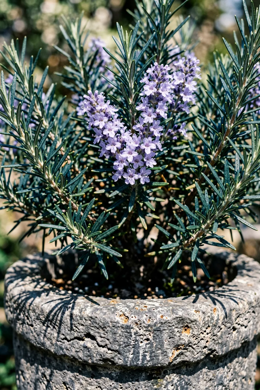 Close-up macro shot from a side angle. A dense, woody rosemary shrub with needle-like blue-green leaves and tiny pale blue bl