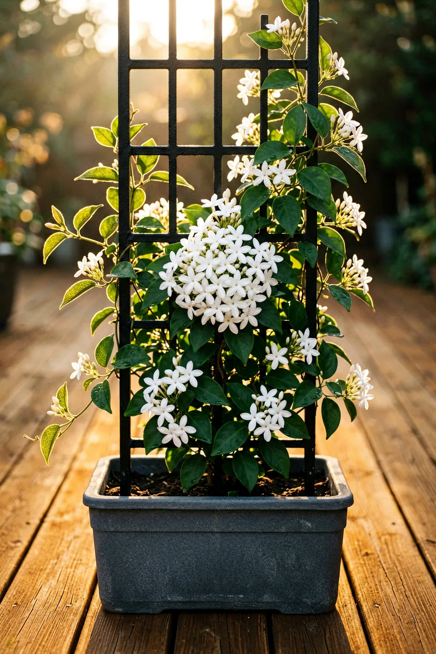 Environmental medium shot. Star jasmine vines climbing a sleek matte black iron trellis mounted inside a long rectangular dar