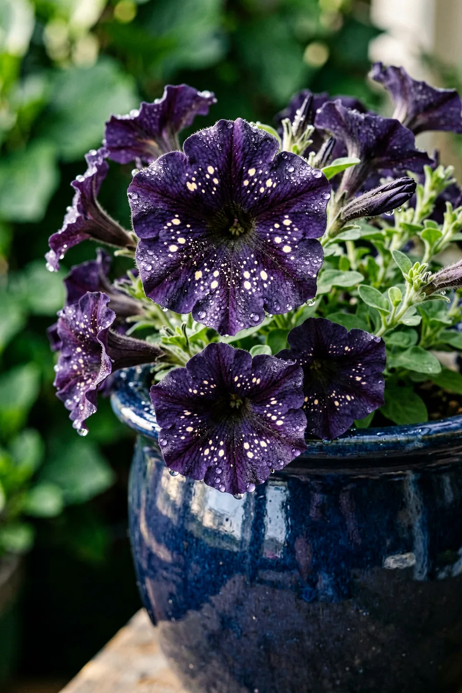 Close-up macro shot. Several 'NightSky' petunia blooms with deep violet-purple velvet petals speckled with tiny cream-white d