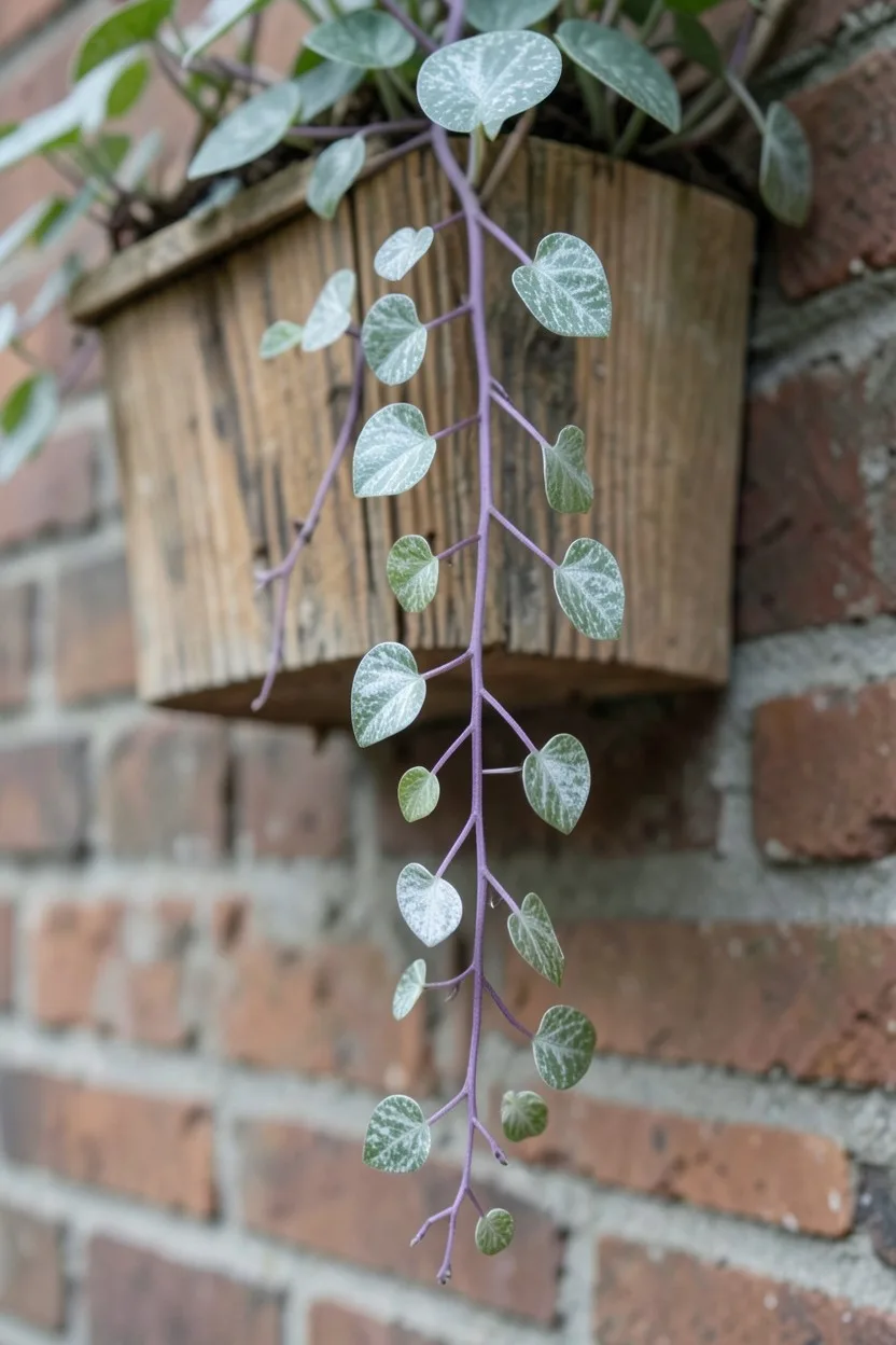 Close-up macro shot looking slightly up. Delicate purple stems of a rosary vine with small, fleshy heart-shaped leaves patter