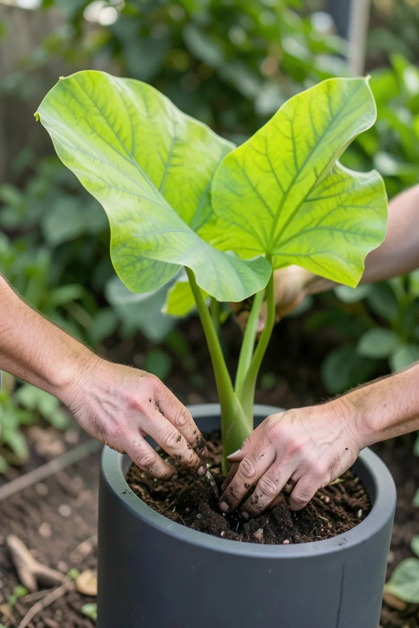 Lifestyle shot with hands. A gardener's hands with clean dirt on fingers checking the soil moisture at the base of a massive 