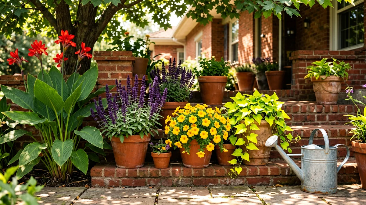 Wide landscape garden photograph, 16:9 ratio. A grand brick front porch featuring an abundant arrangement of large terracotta