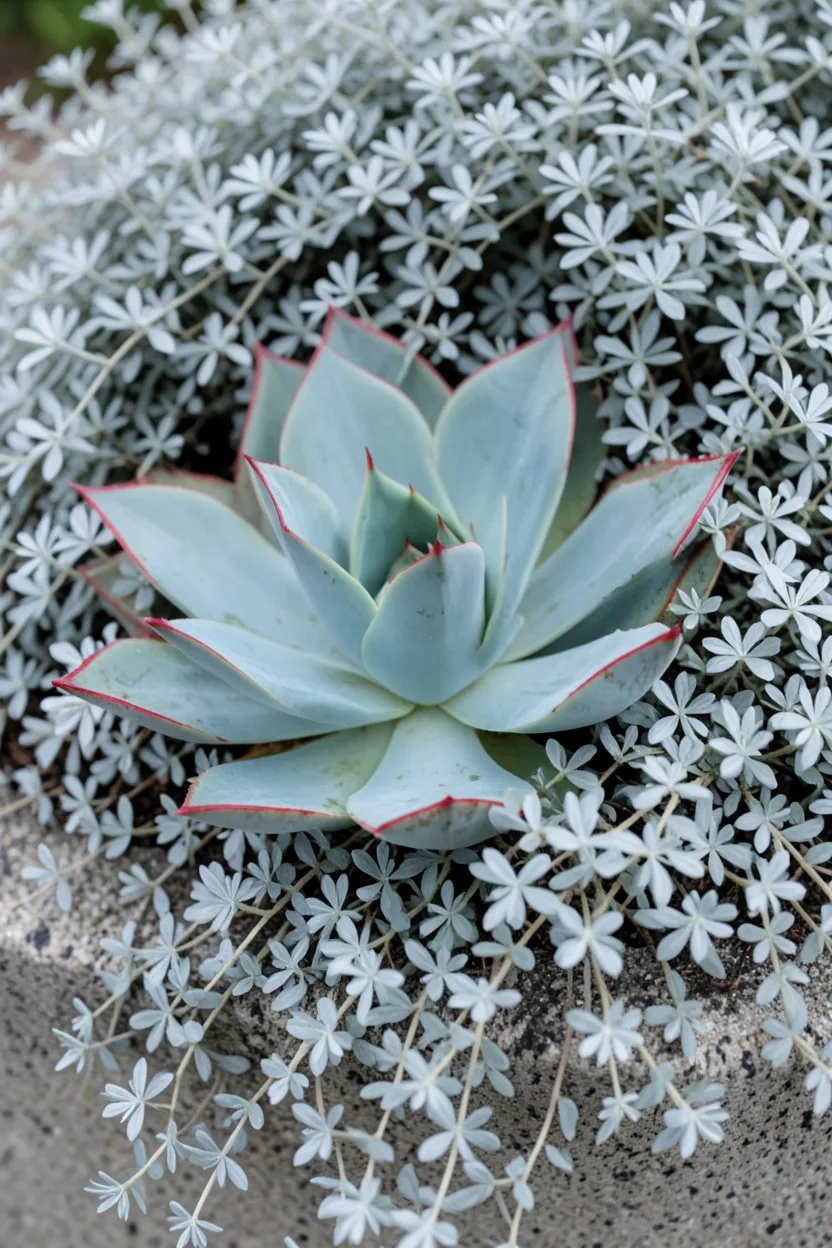 Close-up macro shot looking slightly down. A flawless blue-green agave succulent with sharp red edges, surrounded by a dense 