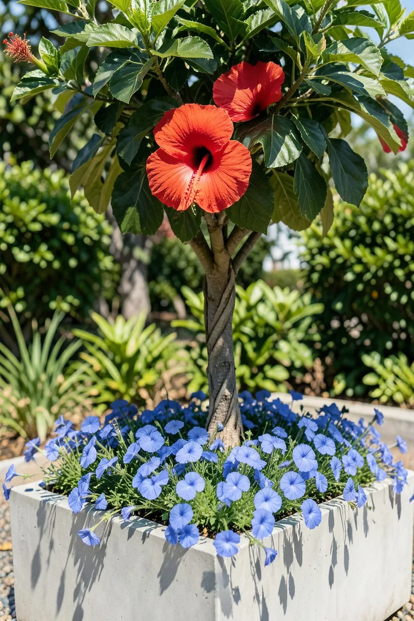 Environmental medium shot. A braided tropical hibiscus tree stem expanding into a lush top with a large, open bright red bloo