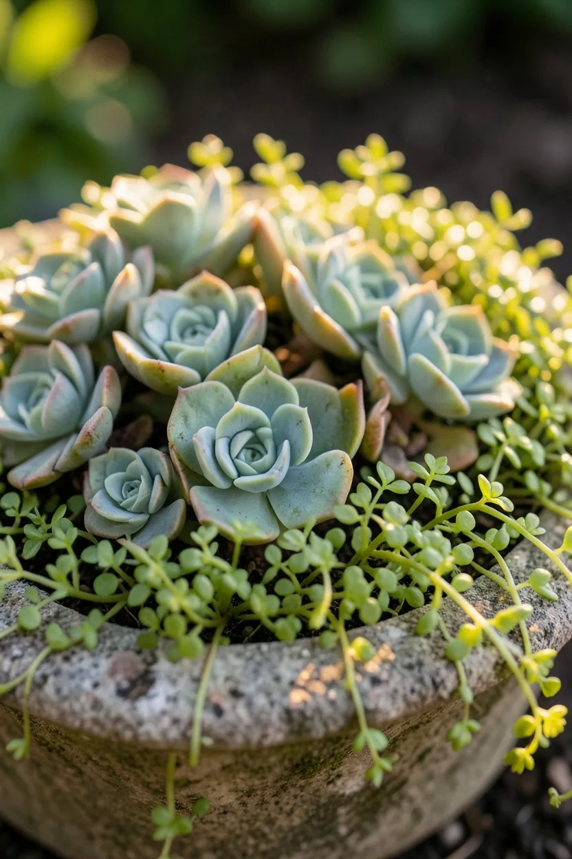 Close-up macro shot. A collection of rosette-shaped hens-and-chicks succulents packed tightly against lime-green trailing sto