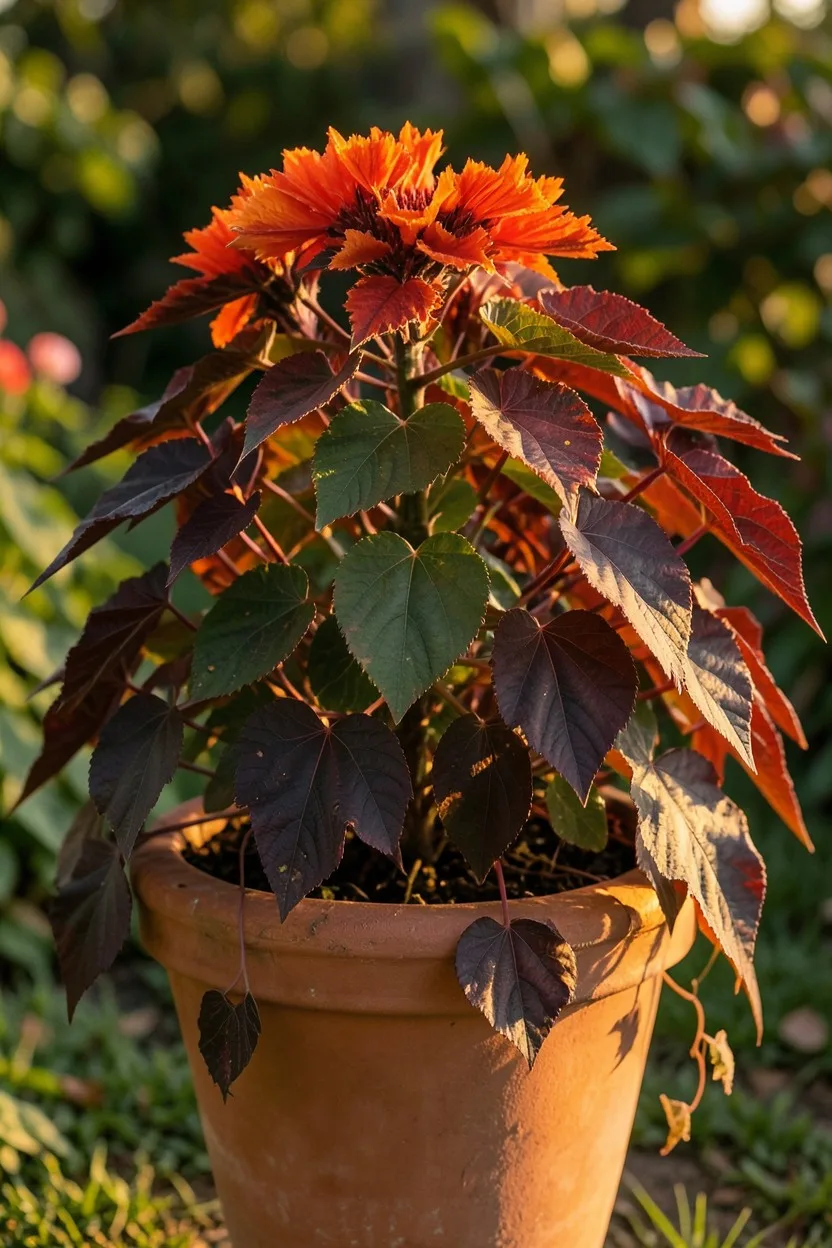 Environmental medium shot. A tall terracotta pot containing vibrant orange-red sun-coleus with jagged leaf margins, mixed wit
