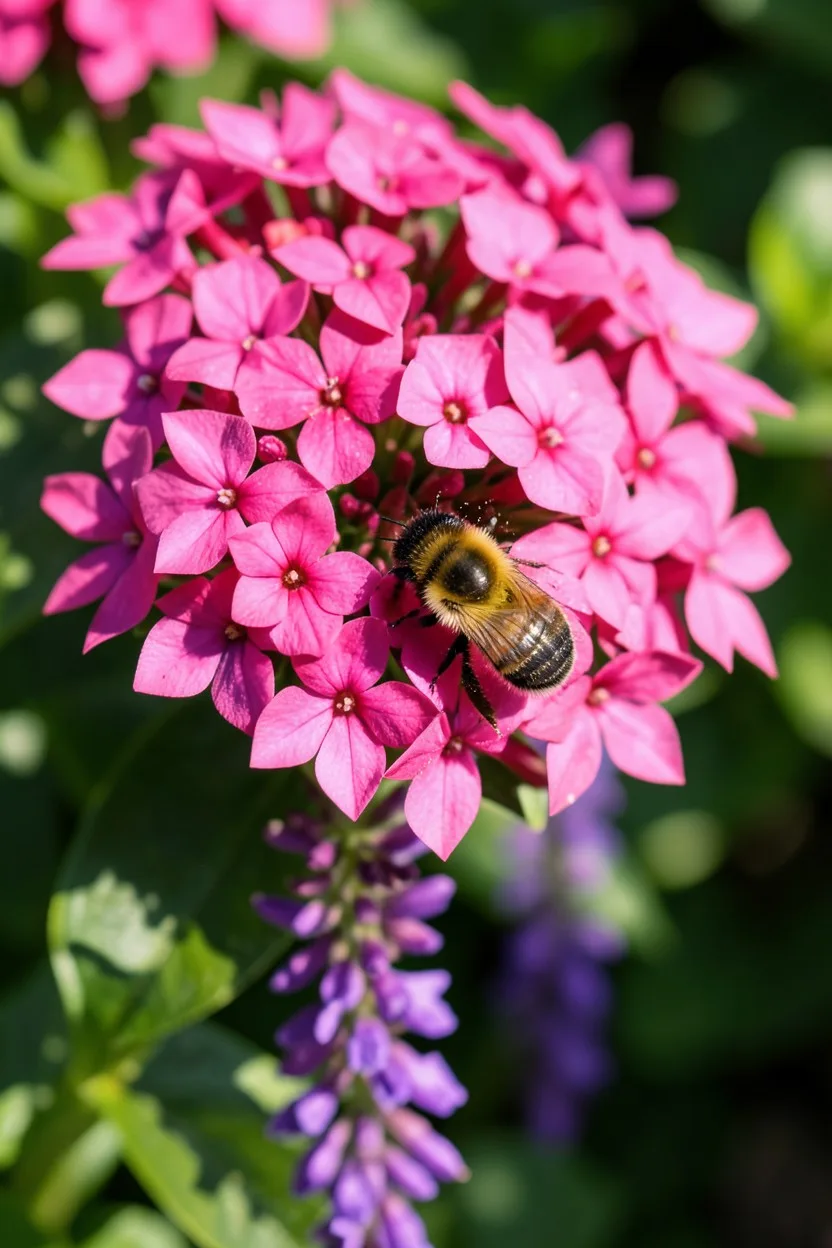 Bee or pollinator on bloom. A close-up shot of a bumblebee dusting itself with pollen on a rich pink cluster of star-shaped p