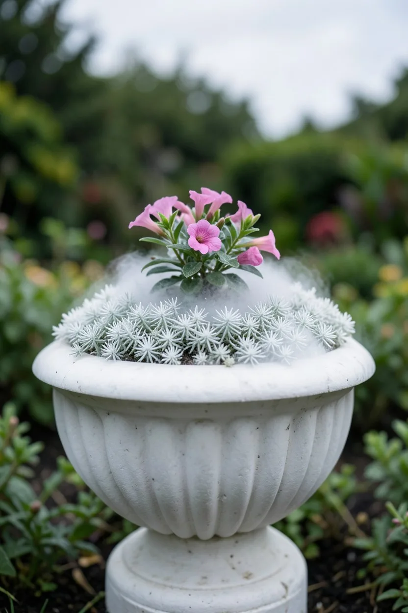 Environmental medium shot. A large, elegant fluted white stone container displaying a compact pink dipladenia with trumpet-sh