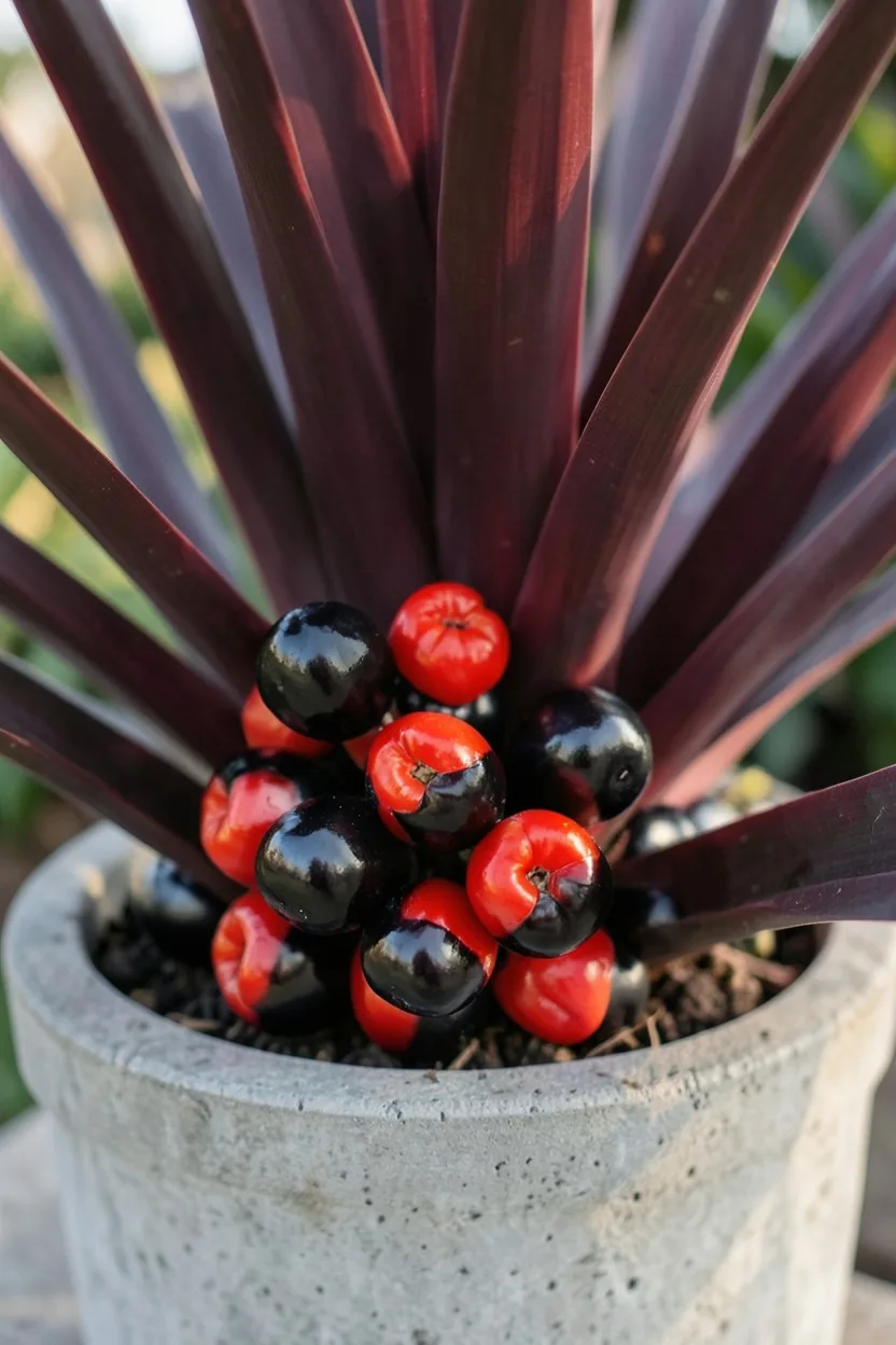 Close-up macro shot. Glossy, round black and bright red ornamental peppers cluster tightly at the base of dark burgundy, swor