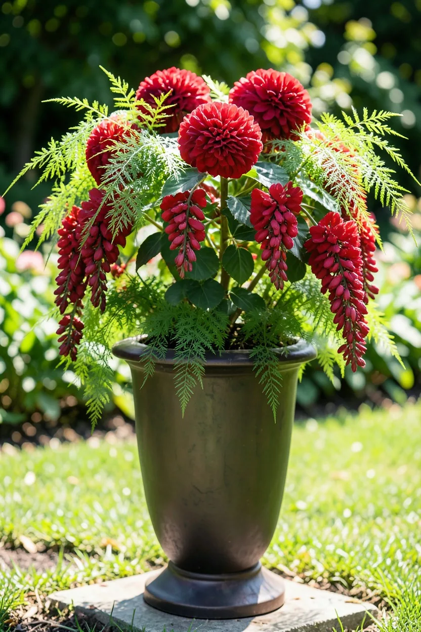 Environmental medium shot. A tall, dark bronze resin urn planter holding an oversized Dragon Wing begonia packed with droopin