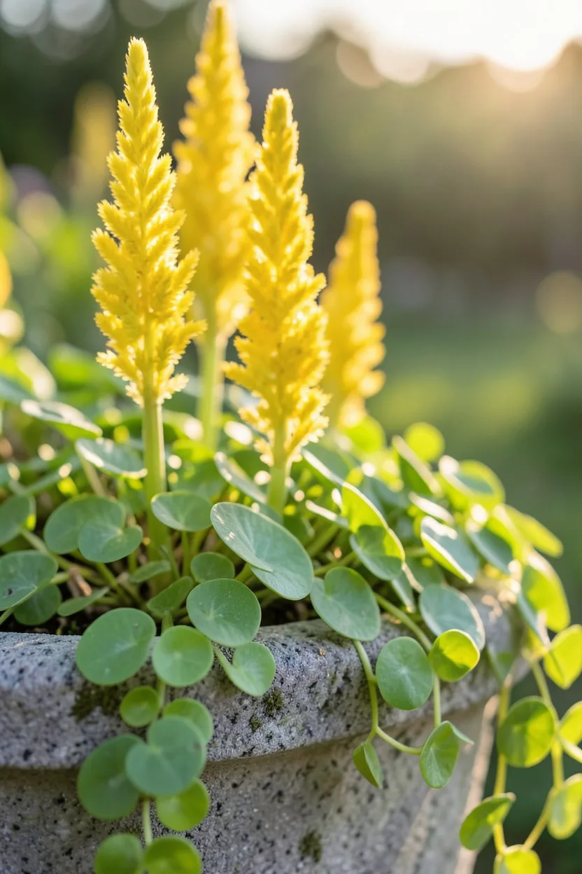 Close-up macro shot. Feathery, bright yellow celosia flower plumes stand upright next to trailing, lime-green rounded leaves 