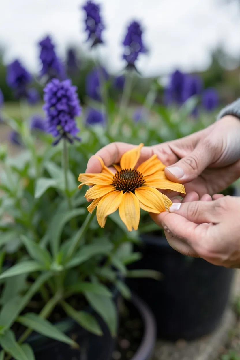Lifestyle shot with hands. A gardener's hand gently touching the papery, stiff golden-orange petals of an open strawflower, w