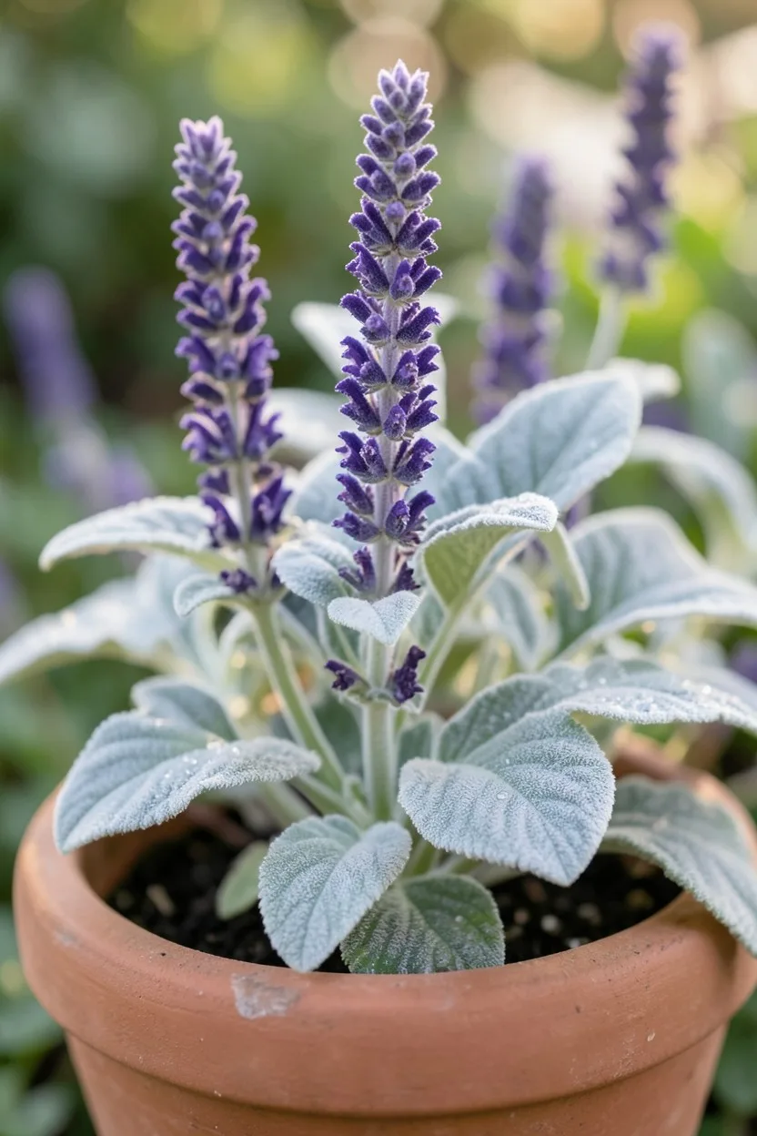 Close-up macro shot, 45-degree angle. Tall spikes of deep violet mealycup salvia intertwined with the soft, felted silver lea