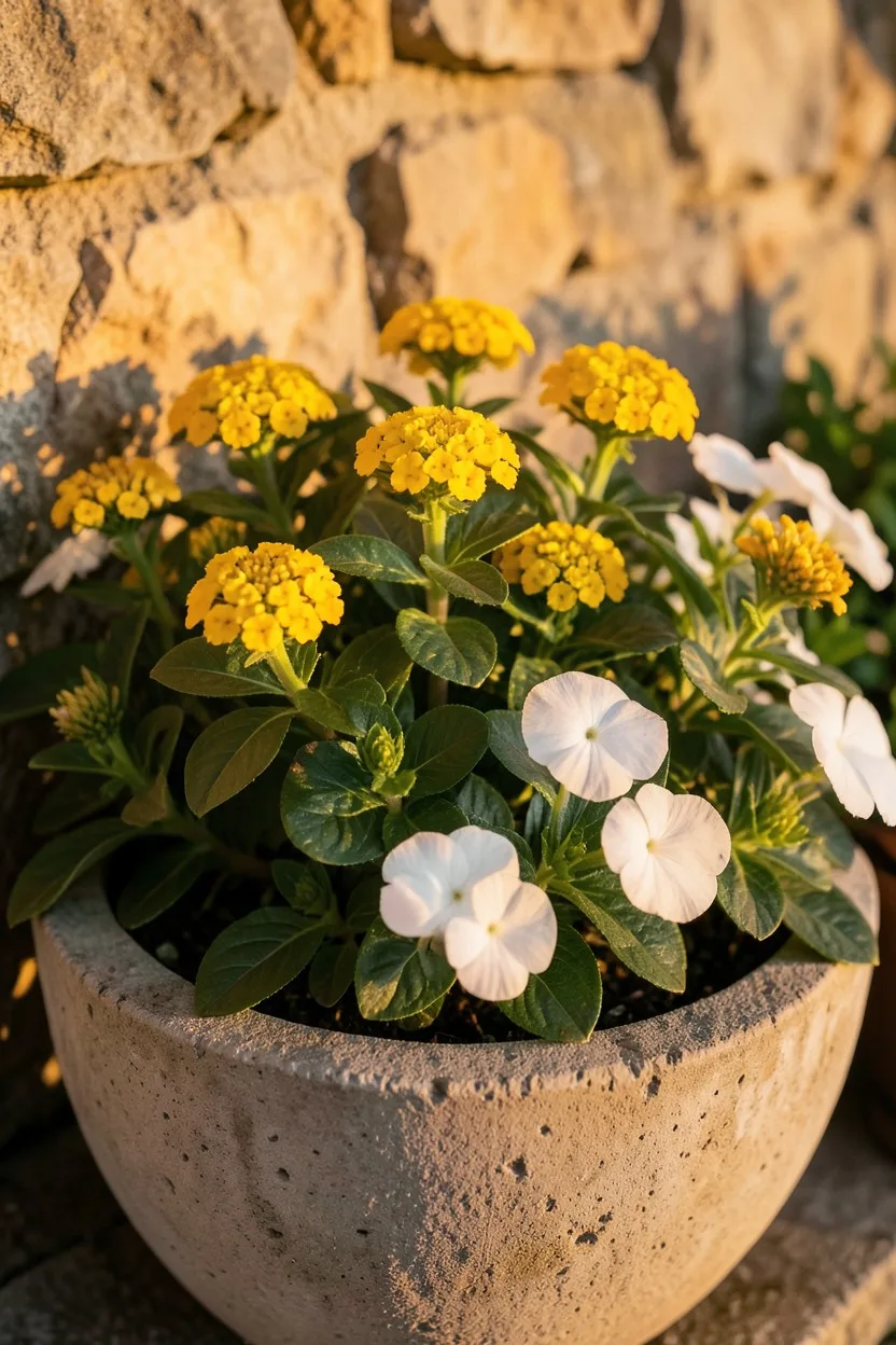 Environmental medium shot. A rustic concrete bowl planter overflowing with bright yellow lantana blossoms and stark white ann
