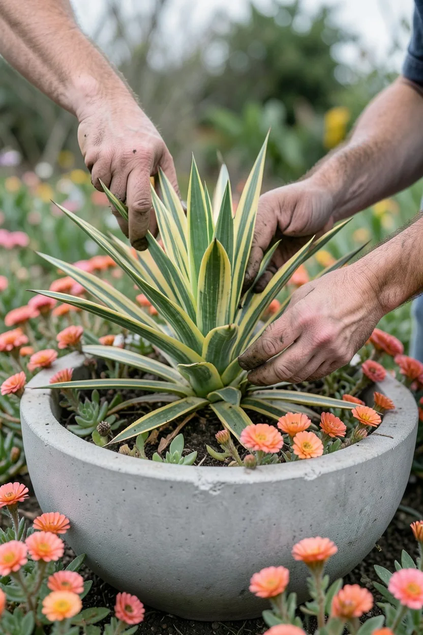 Lifestyle shot with hands. A gardener's hands with dirt under nails adjusting a low, wide gray concrete bowl filled with a sp