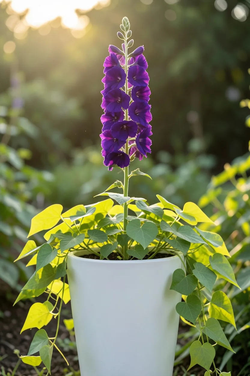 Environmental medium shot. Tall orchid-like deep purple angelonia flowers standing straight in a tall white composite planter