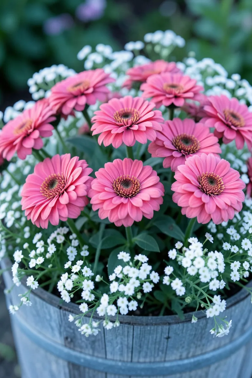 Close-up macro shot. A dense cluster of coral-pink Profusion zinnias surrounded by tiny, cascading white sweet alyssum flower