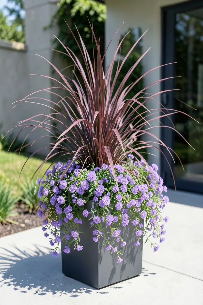 Environmental medium shot. A tall, sleek charcoal gray square planter on a modern concrete porch. The centerpiece is tall, ar