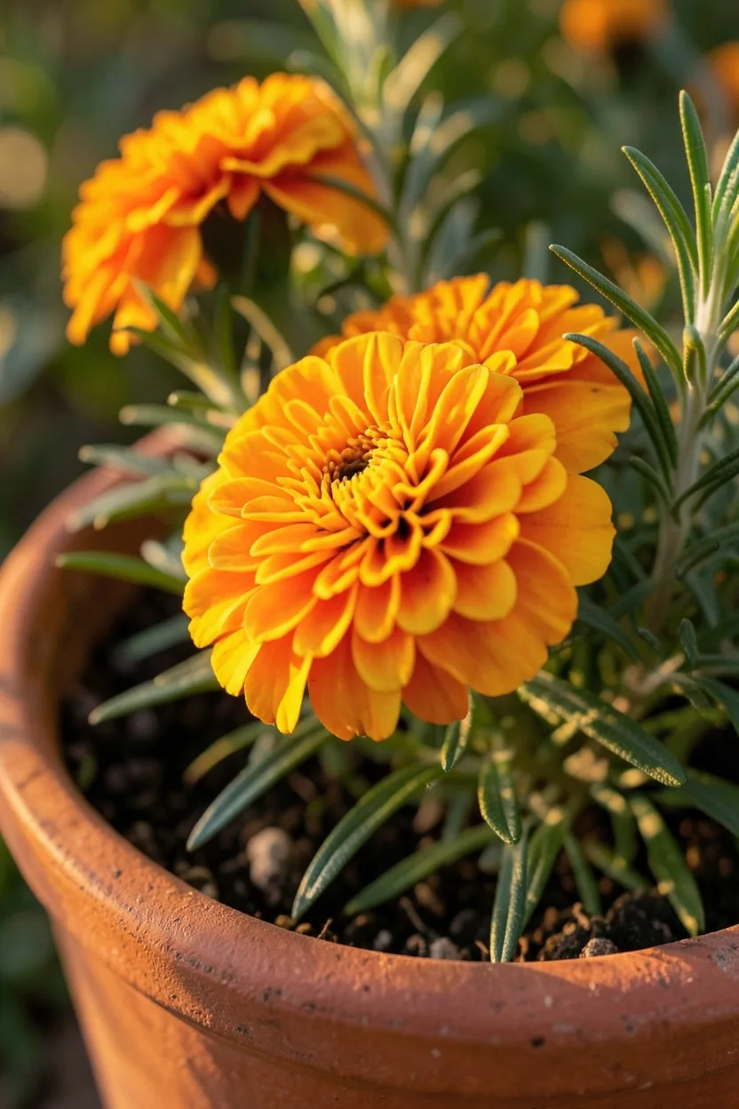 Close-up macro shot from a 45-degree side angle. Bright orange and gold French marigold double blooms nestled next to needle-