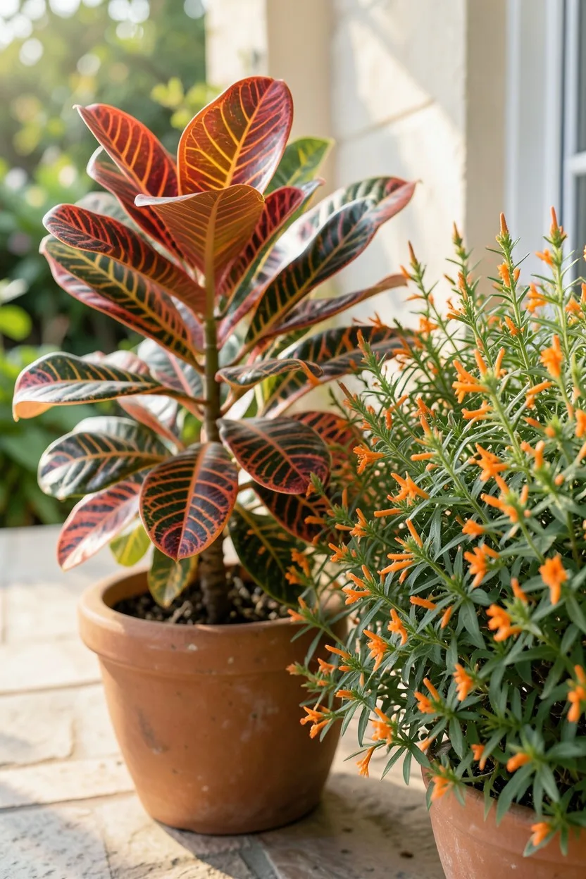 Environmental medium shot. A vibrant Petra croton with thick, glossy leaves patterned in red, orange, and yellow veins, growi