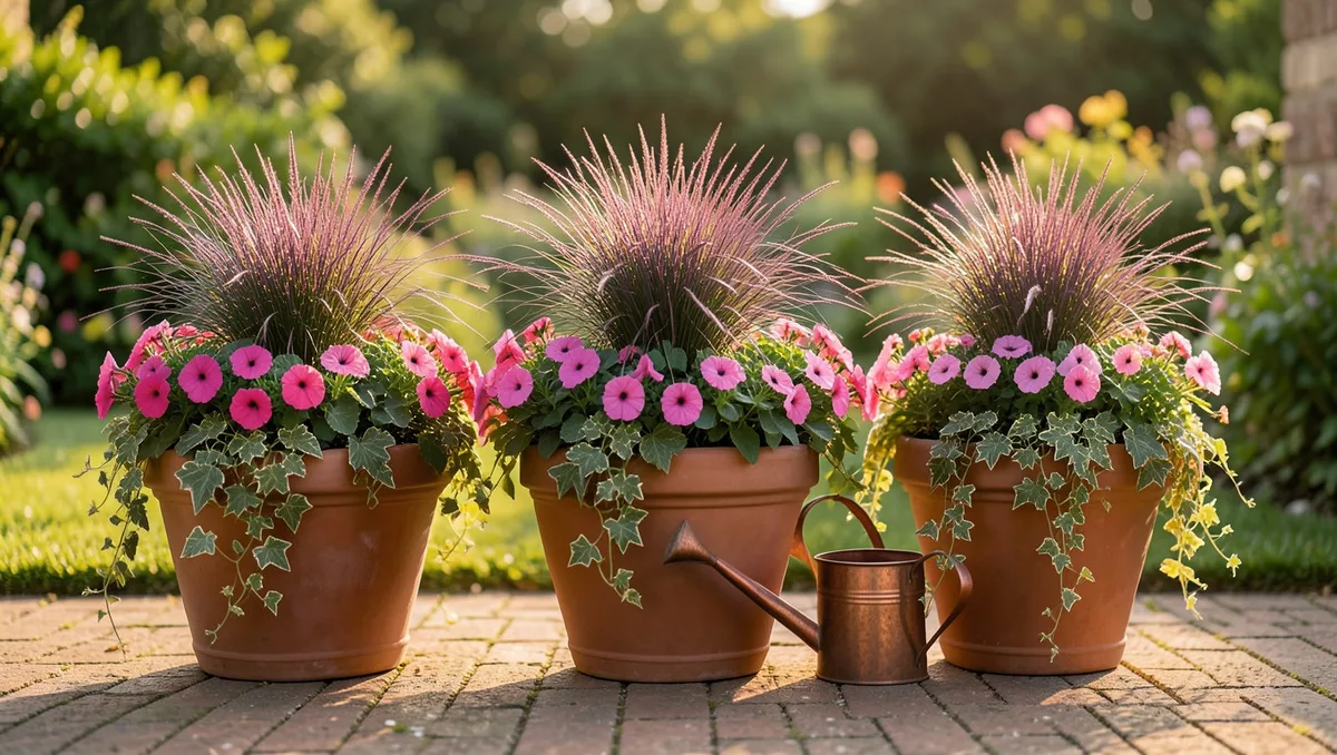 Wide landscape garden photograph, 16:9 ratio. Three large terracotta pots arranged symmetrically on a rustic brick patio, eac