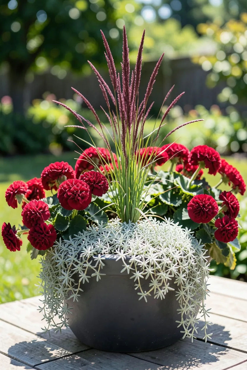 Environmental medium shot, 45-degree angle. A dark charcoal ceramic pot on a sunny deck filled with a tall burgundy purple fo