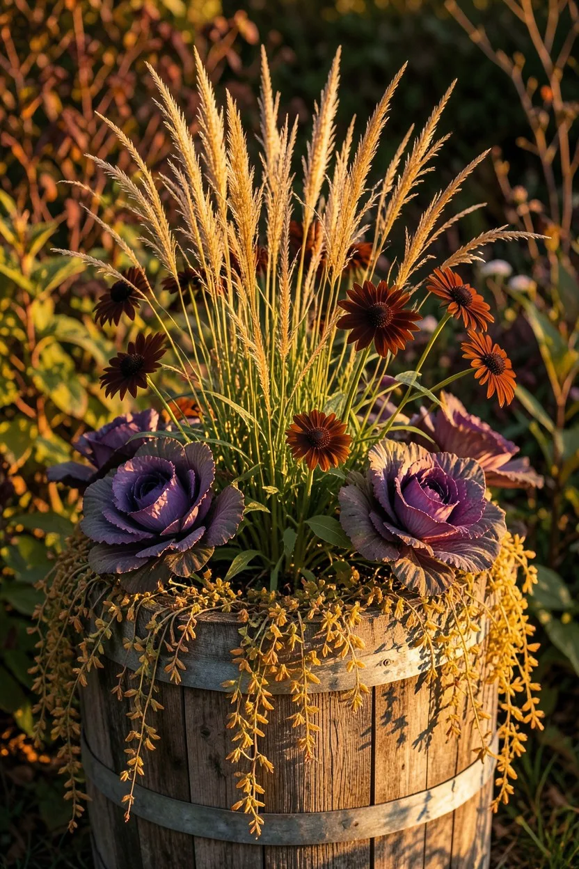 Environmental medium shot. A rustic wooden half-barrel pot containing golden upright ornamental grass, deep bronze rudbeckia 