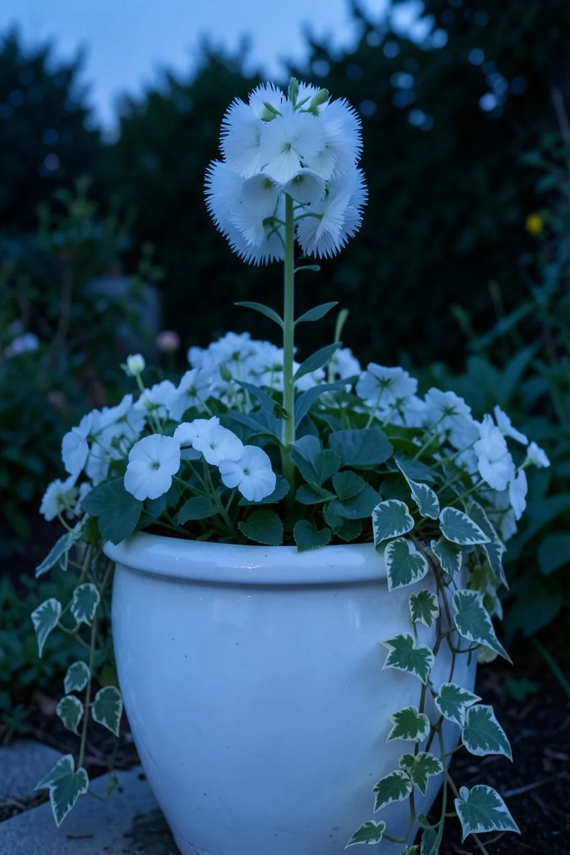 Environmental medium shot, twilight angle. A large white glazed ceramic pot at dusk, containing a tall white cleome with deli
