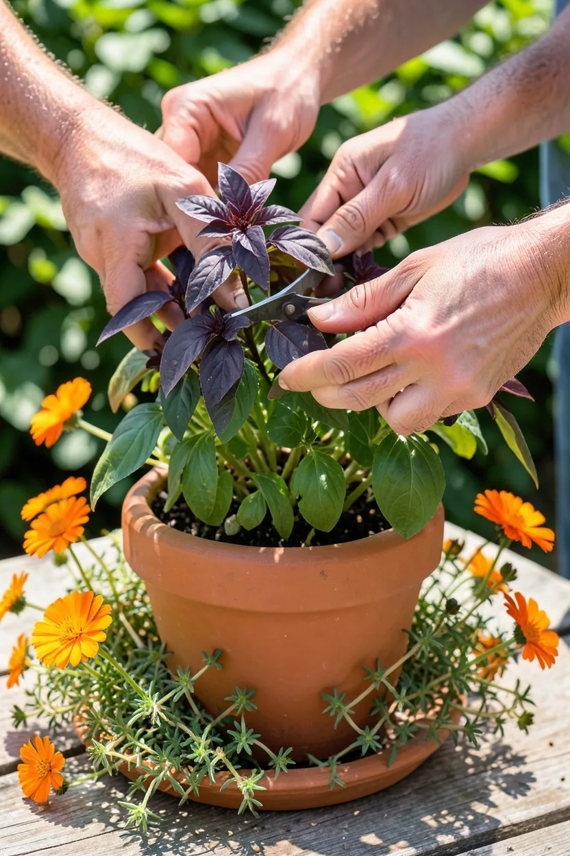 Lifestyle shot with hands. A close-up of a gardener's bare hands snipping dark purple basil leaves from the top of a lush arr