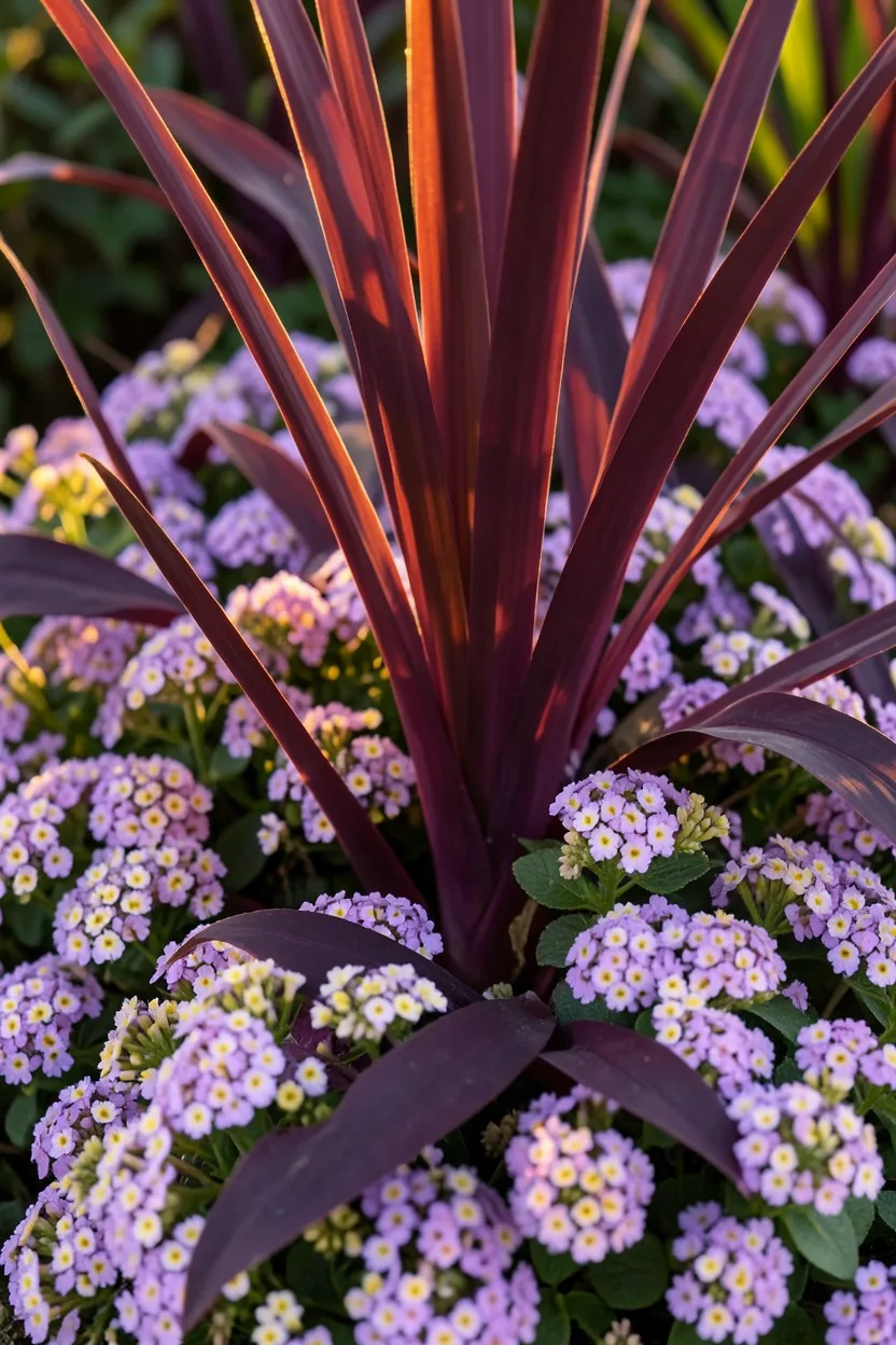 Close-up macro shot, side angle. Stiff burgundy cordyline foliage spikes cutting vertically through a dense carpet of tiny la