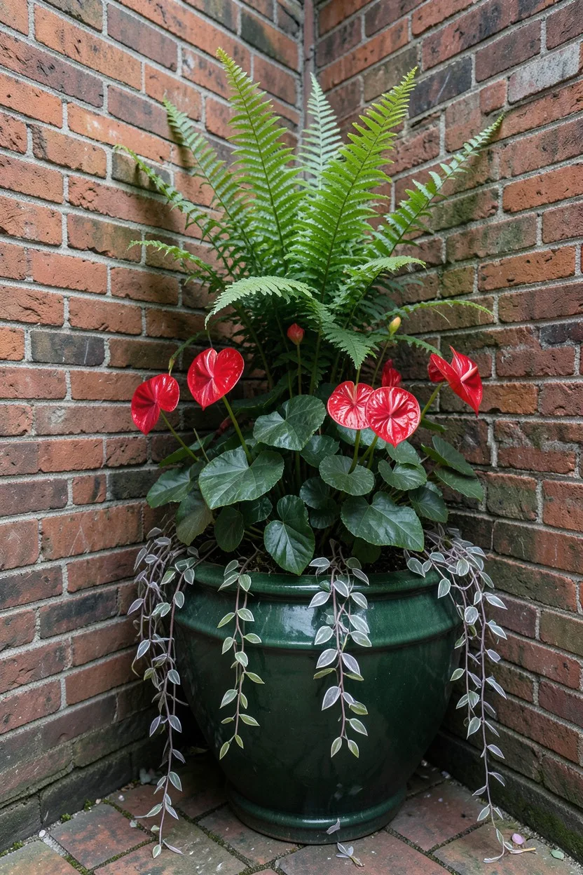 Environmental medium shot. A large dark green glazed ceramic pot tucked into a shaded brick courtyard corner, containing a ta