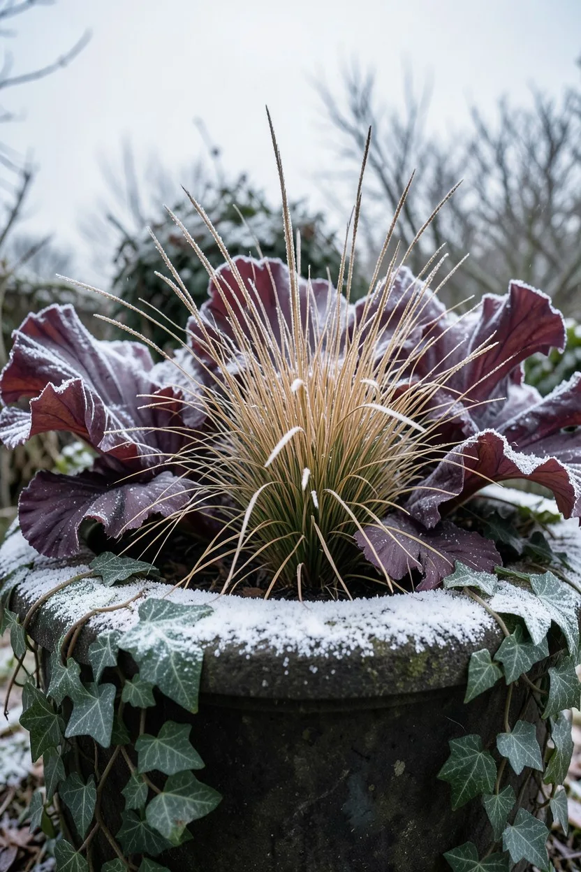 Environmental medium shot, low angle looking up. A dark stone planter covered in a light dusting of frost, displaying fine br