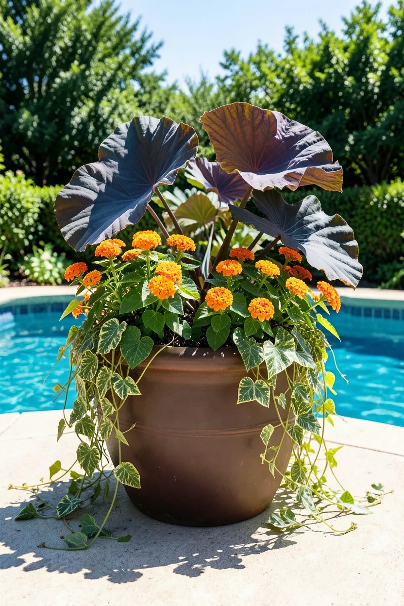 Wide garden scene shot. A massive 20-inch dark terracotta pot sitting on a sun-drenched concrete pool deck, containing a larg