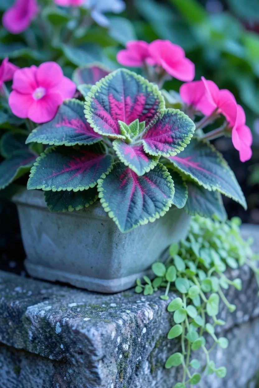 Close-up macro shot from a slightly low angle. A shaded stone planter displaying large coleus leaves with vivid magenta cente
